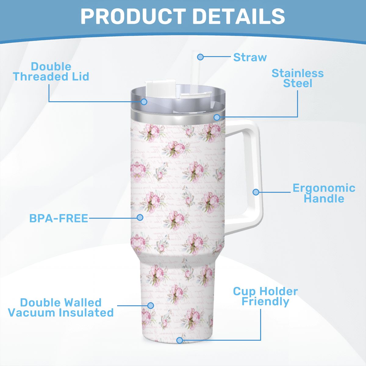 Pink Shabby Chic 40oz Insulated Tumbler