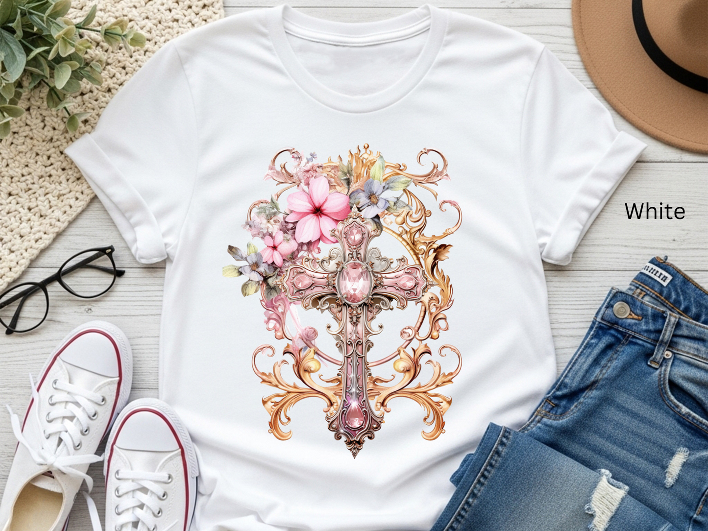 Floral Jeweled Cross T-shirt
