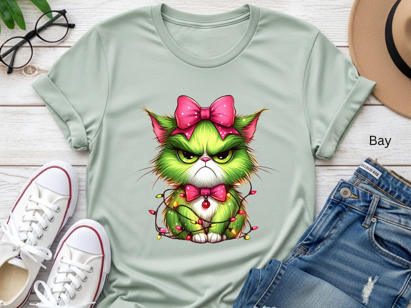 Crabby Christmas Cat Entangled in Lights T-shirt