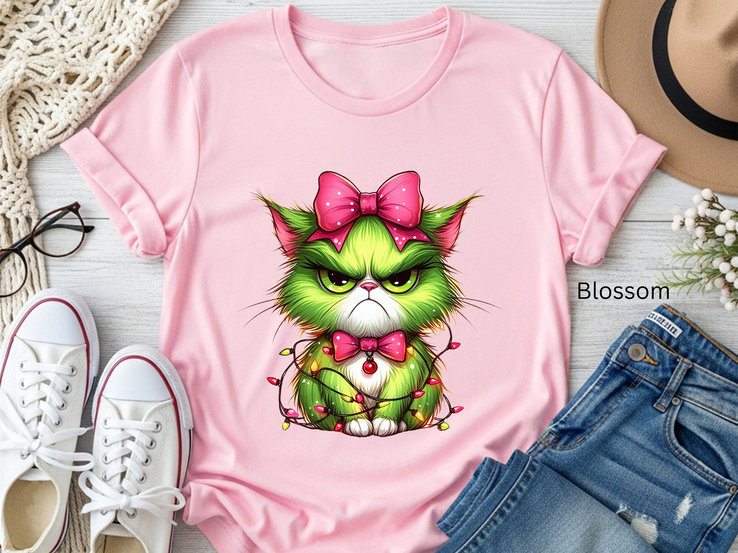 Crabby Christmas Cat Entangled in Lights T-shirt
