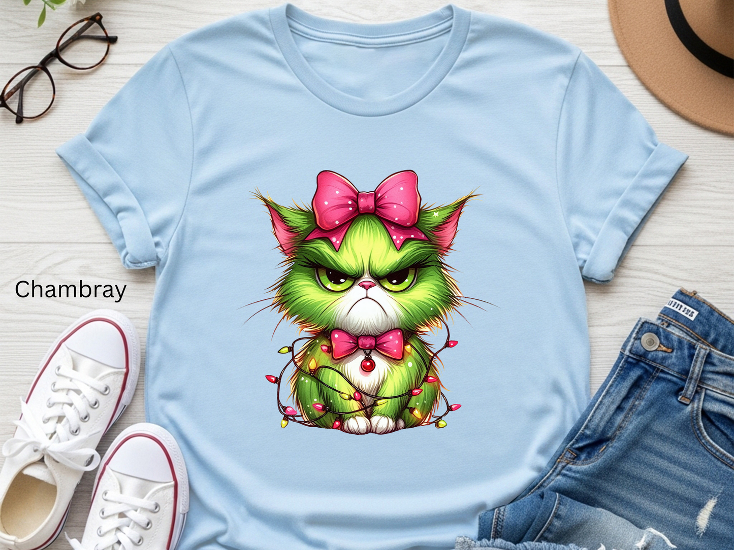 Crabby Christmas Cat Entangled in Lights T-shirt