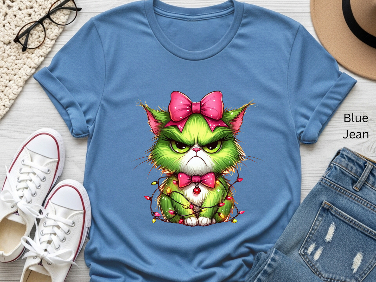 Crabby Christmas Cat Entangled in Lights T-shirt