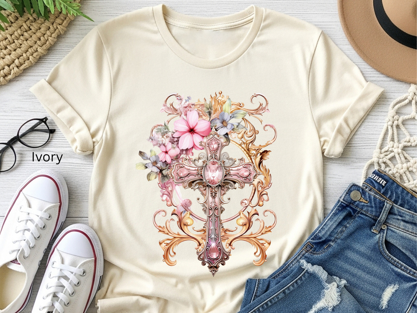 Floral Jeweled Cross T-shirt