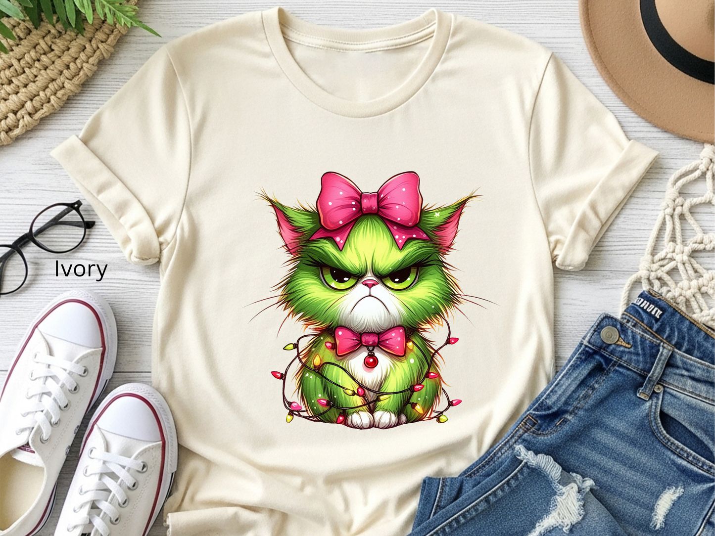 Crabby Christmas Cat Entangled in Lights T-shirt