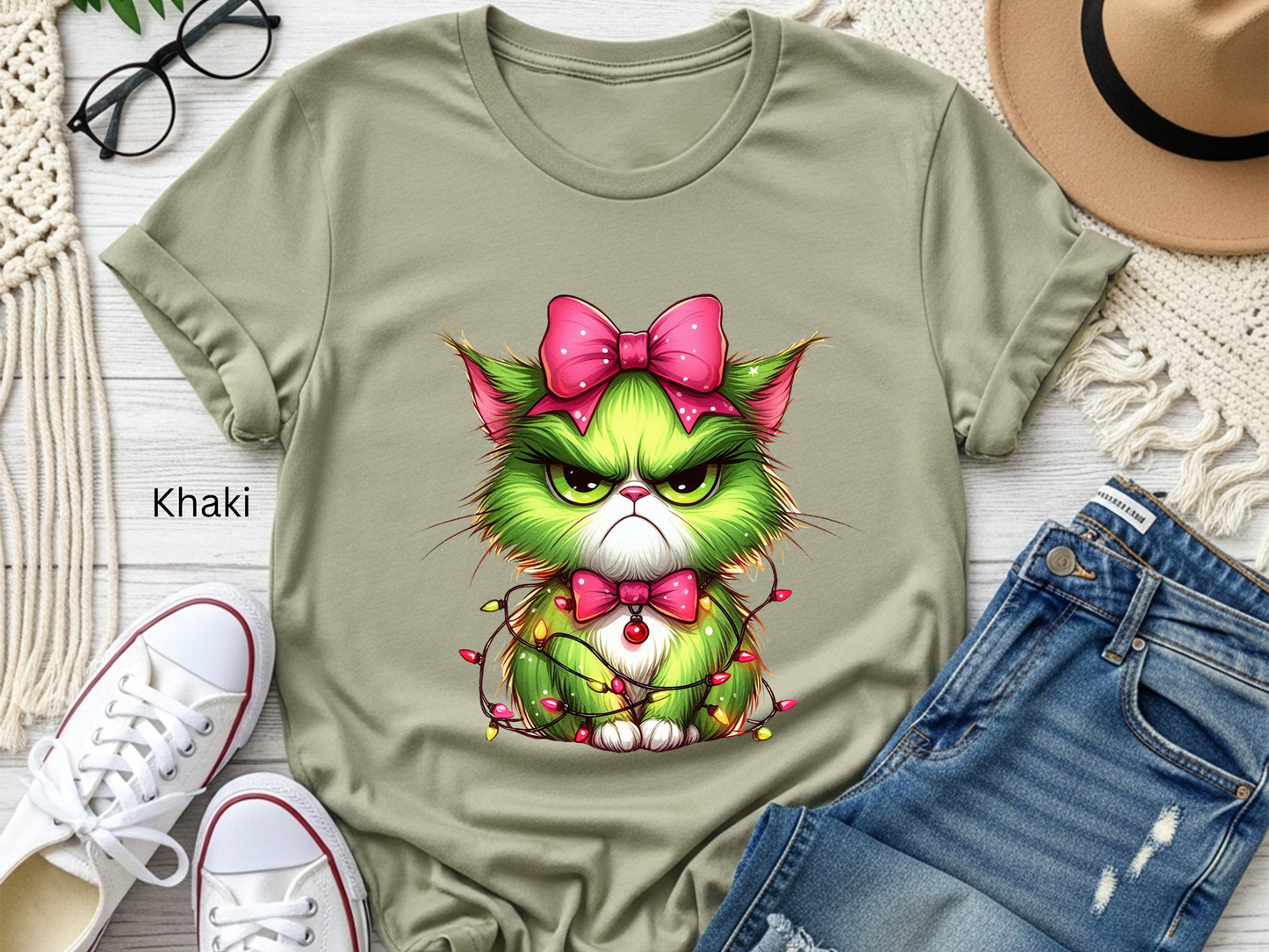 Crabby Christmas Cat Entangled in Lights T-shirt