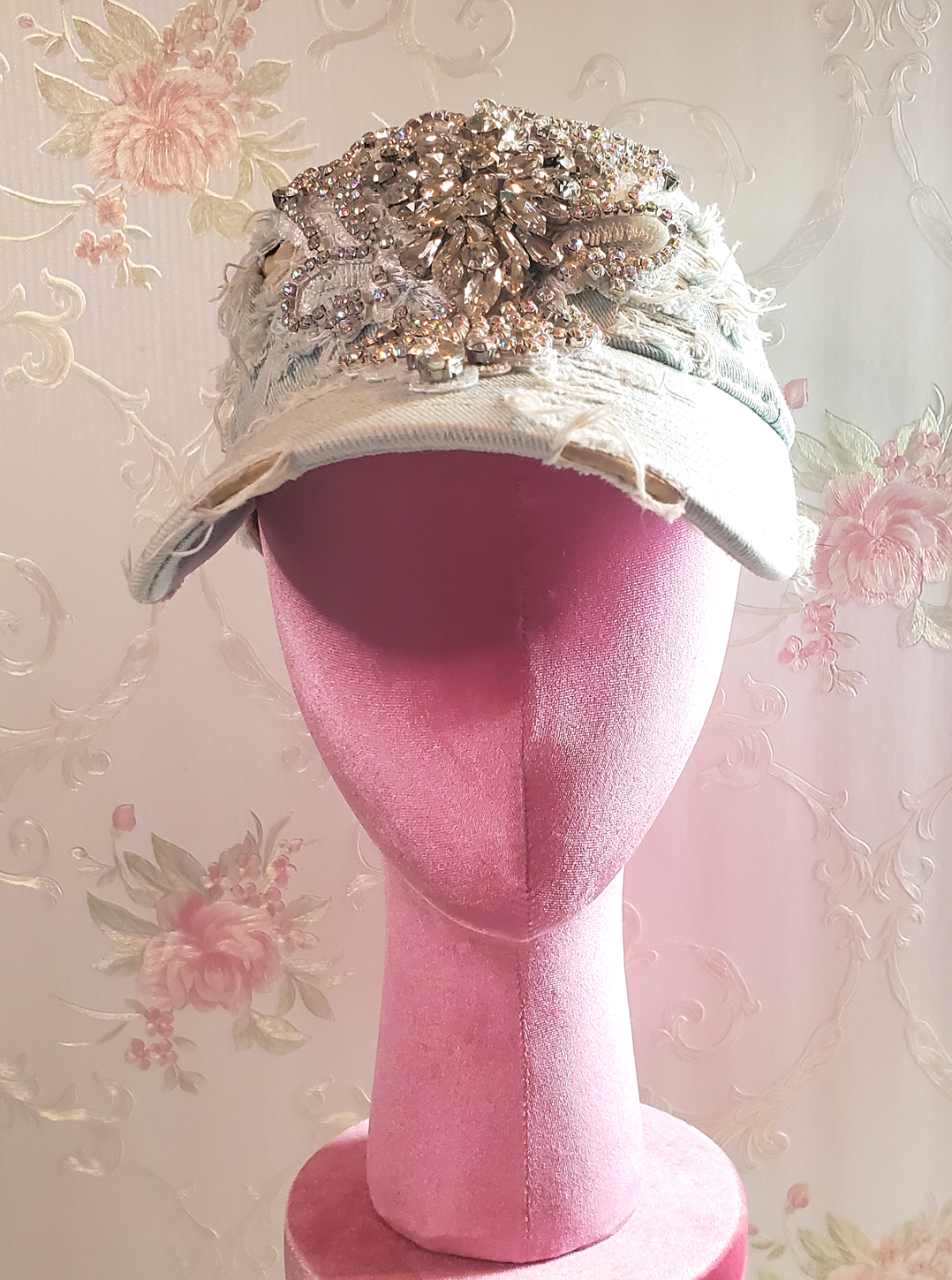 Distressed Denim Bling Baseball Cap with Rhinestone Applique