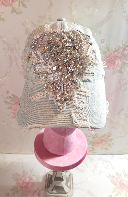 Distressed Denim Bling Baseball Cap with Rhinestone Applique
