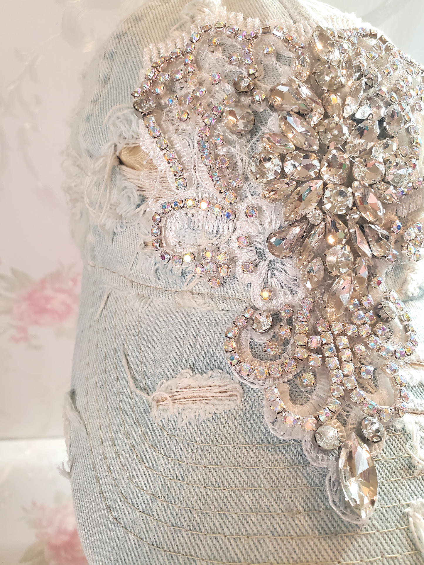 Distressed Denim Bling Baseball Cap with Rhinestone Applique