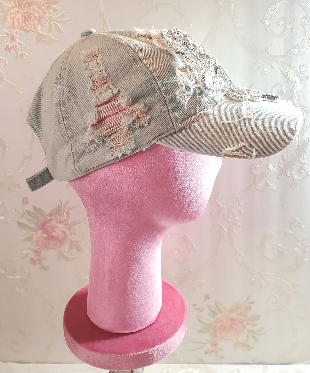 Distressed Denim Bling Baseball Cap with Rhinestone Applique