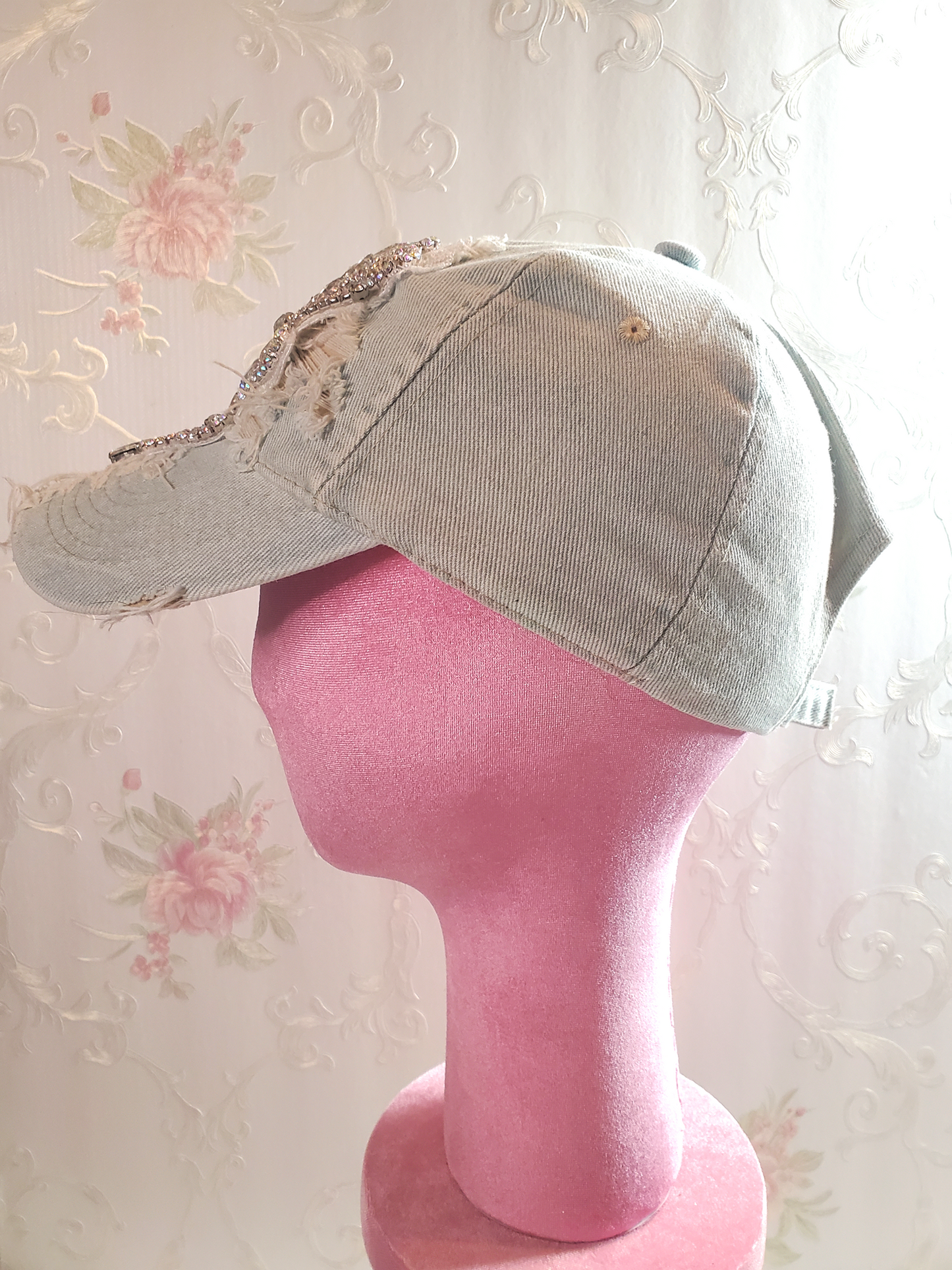 Distressed Denim Bling Baseball Cap with Rhinestone Applique