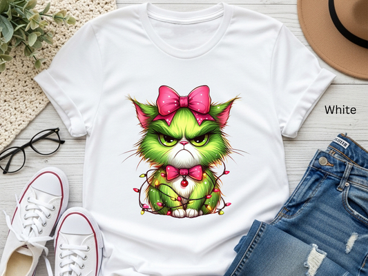 Crabby Christmas Cat Entangled in Lights T-shirt