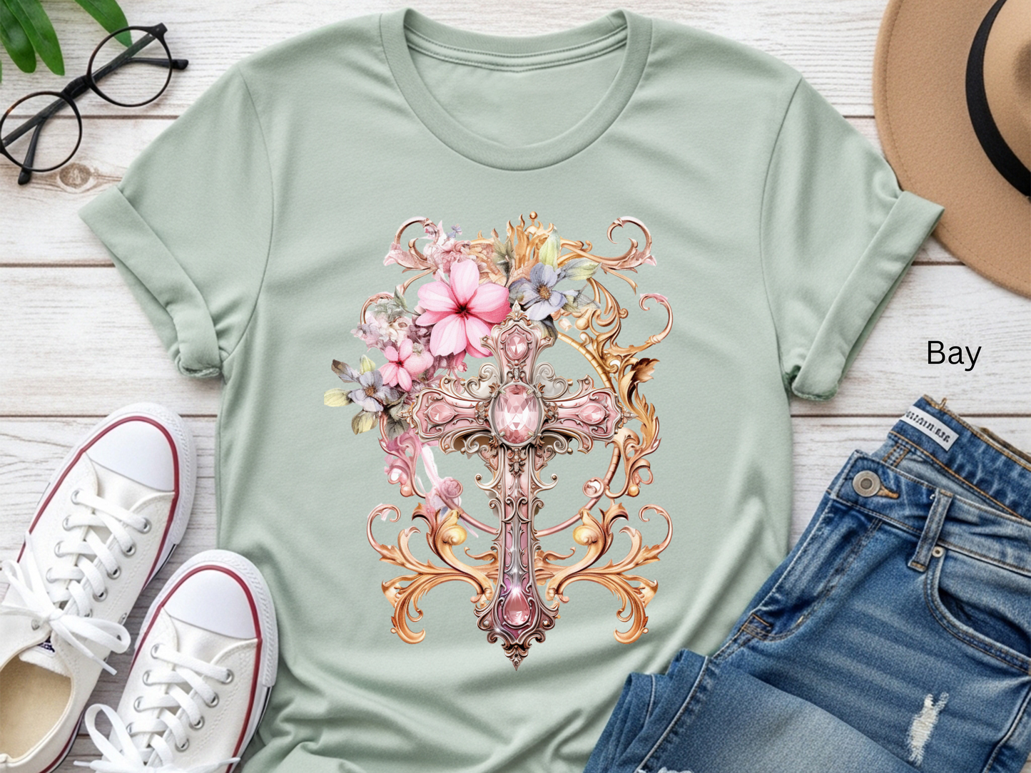 Floral Jeweled Cross T-shirt