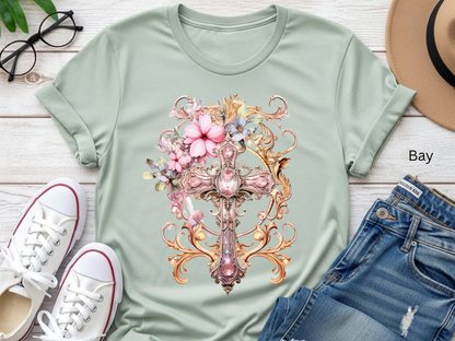 Floral Jeweled Cross T-shirt