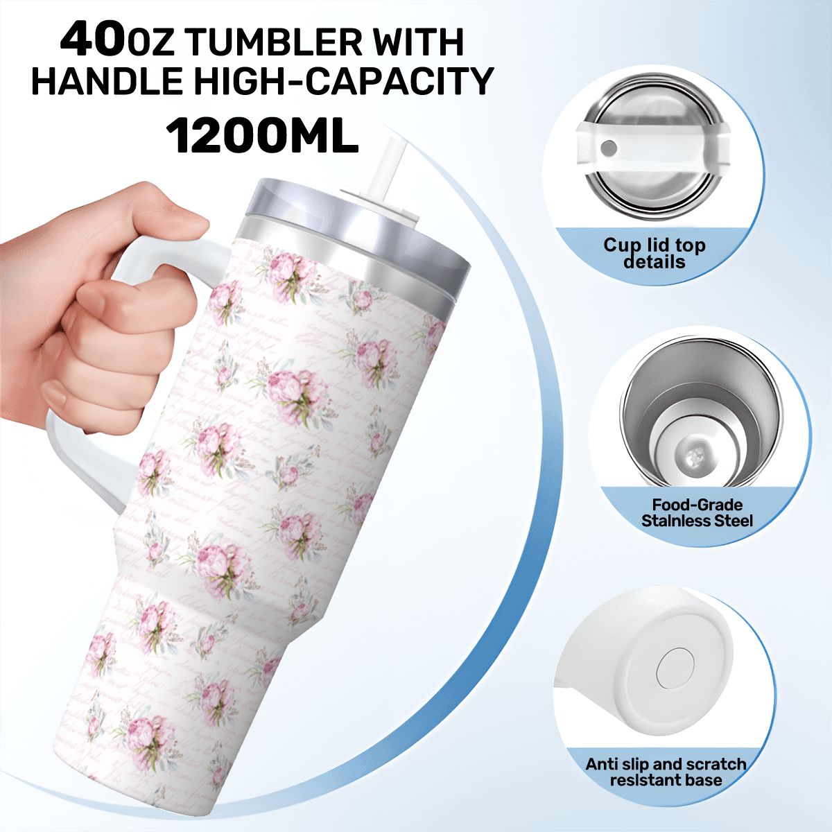 Pink Shabby Chic 40oz Insulated Tumbler