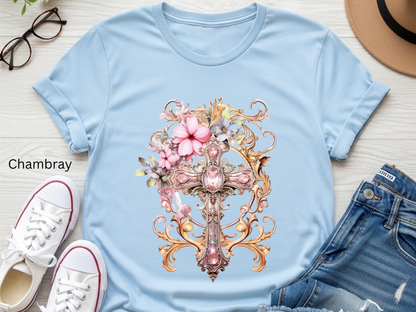 Floral Jeweled Cross T-shirt