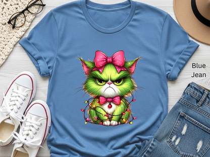 Crabby Christmas Cat Entangled in Lights T-shirt