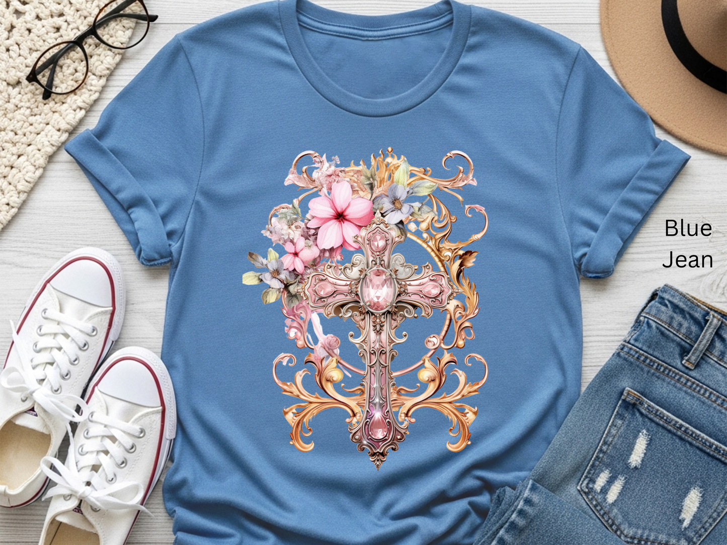 Floral Jeweled Cross T-shirt