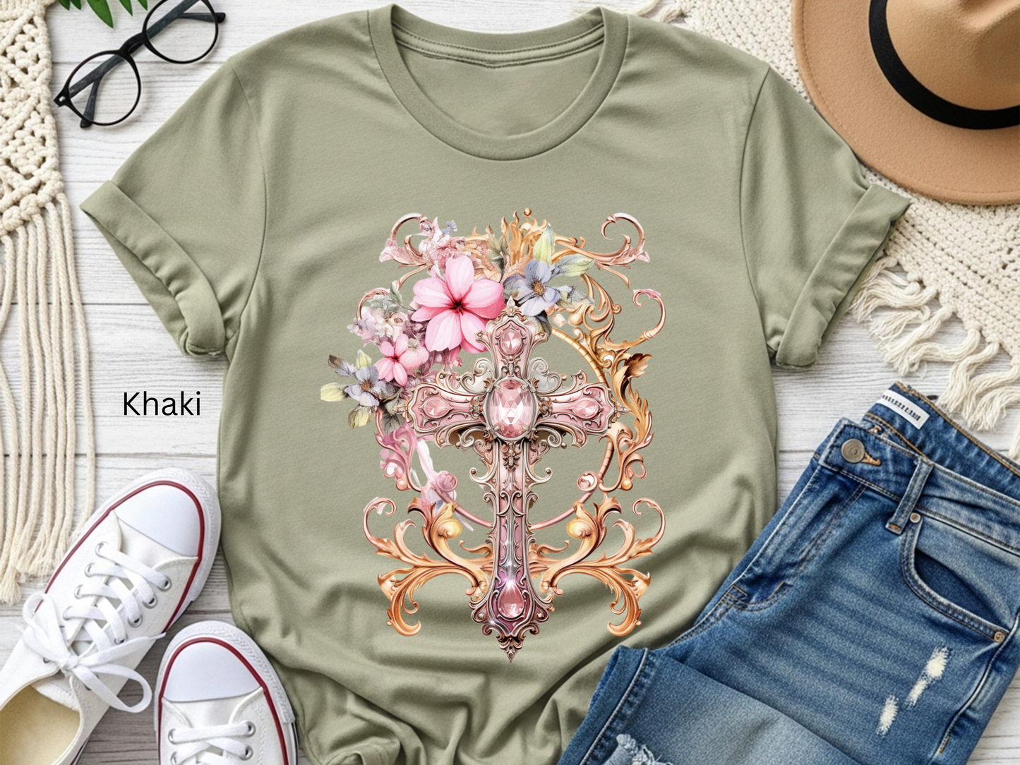 Floral Jeweled Cross T-shirt