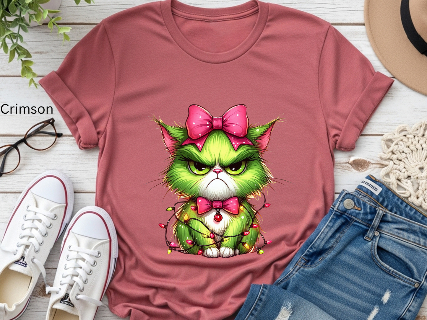 Crabby Christmas Cat Entangled in Lights T-shirt