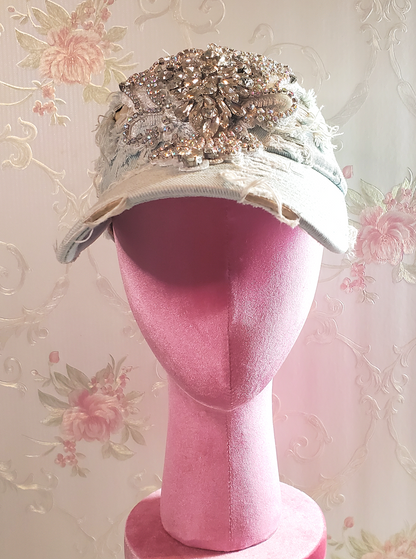 Distressed Denim Bling Baseball Cap with Rhinestone Applique