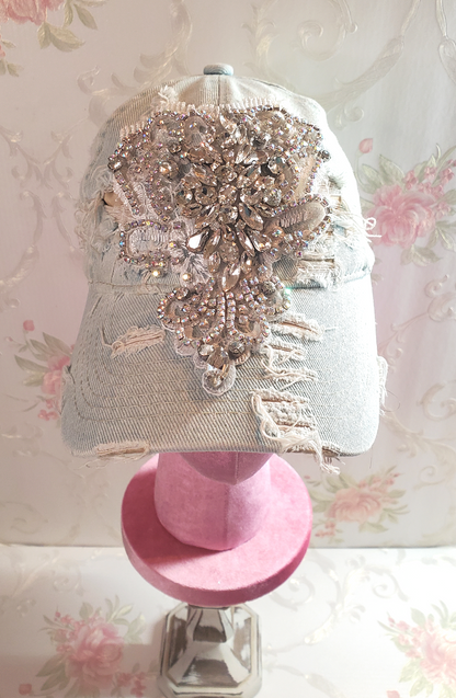 Distressed Denim Bling Baseball Cap with Rhinestone Applique