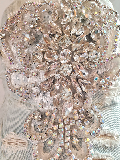 Distressed Denim Bling Baseball Cap with Rhinestone Applique