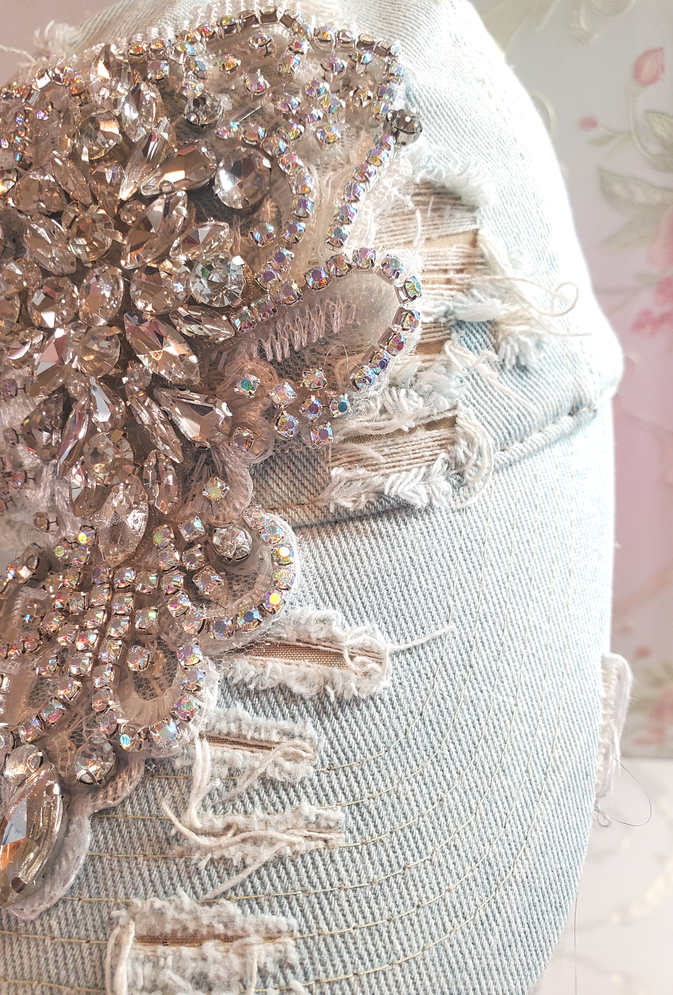 Distressed Denim Bling Baseball Cap with Rhinestone Applique