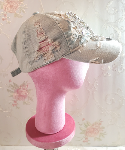 Distressed Denim Bling Baseball Cap with Rhinestone Applique