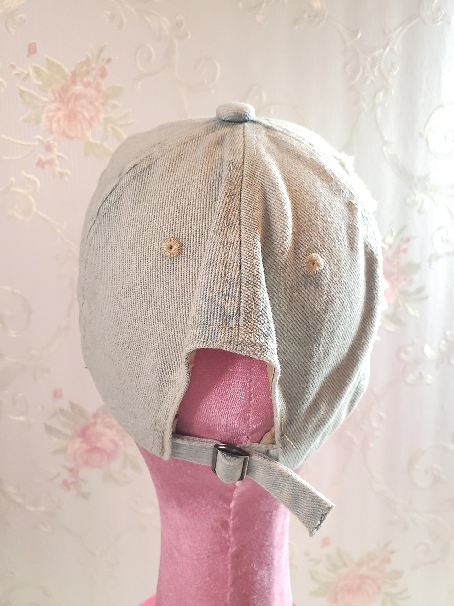 Distressed Denim Bling Baseball Cap with Rhinestone Applique