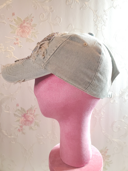 Distressed Denim Bling Baseball Cap with Rhinestone Applique